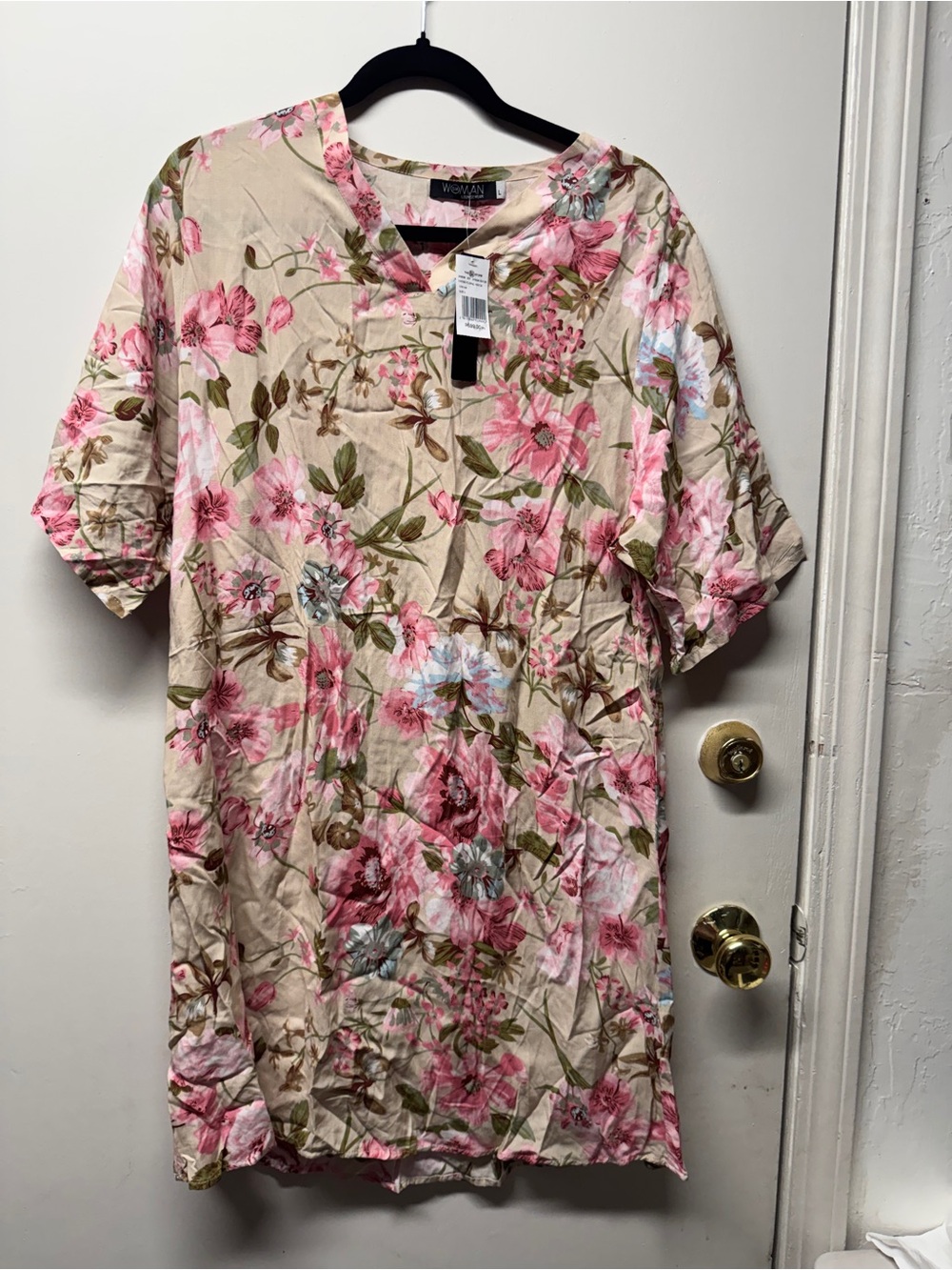 Woman Within Beige Tunic with Pink Floral Print loungewear